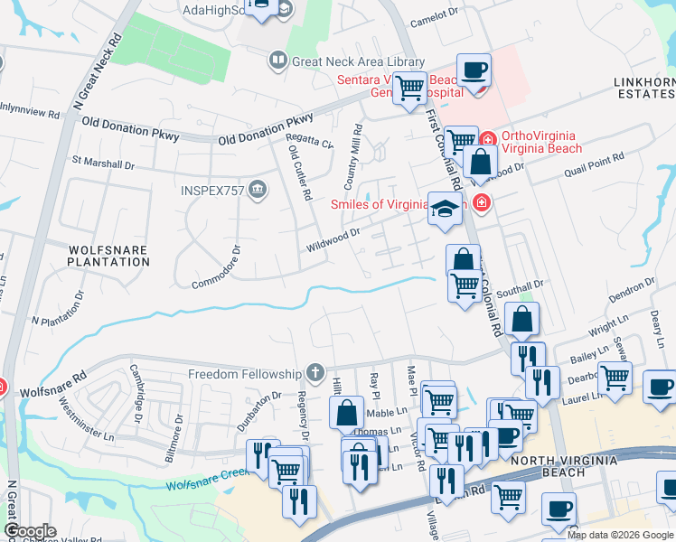 map of restaurants, bars, coffee shops, grocery stores, and more near 861 Old Cutler Road in Virginia Beach