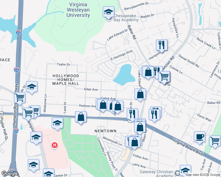 map of restaurants, bars, coffee shops, grocery stores, and more near 6528 Adair Avenue in Norfolk