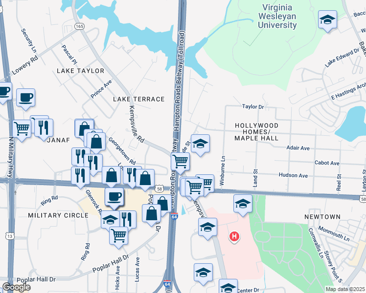 map of restaurants, bars, coffee shops, grocery stores, and more near 1135 Wade Street in Norfolk
