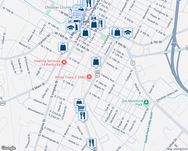 map of restaurants, bars, coffee shops, grocery stores, and more near 0 1712 South Walnut Street in Hopkinsville