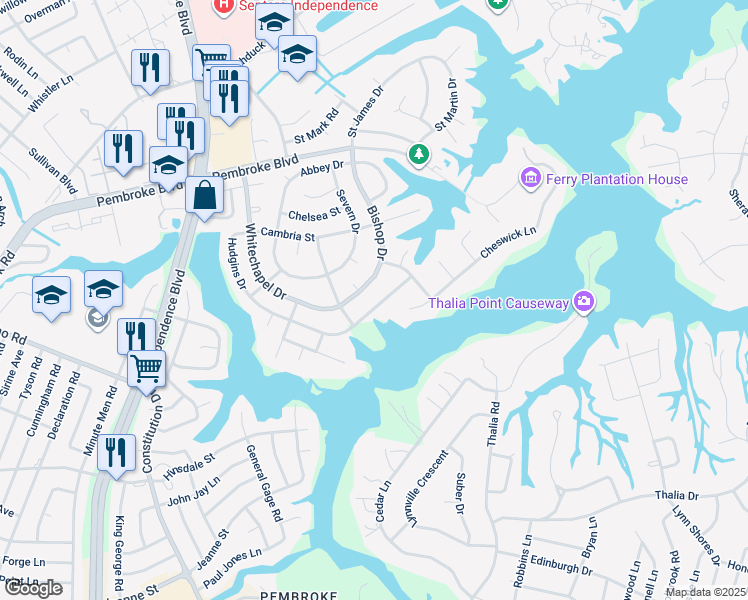 map of restaurants, bars, coffee shops, grocery stores, and more near 4324 Hudgins Drive in Virginia Beach