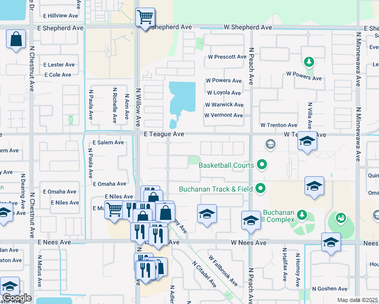 map of restaurants, bars, coffee shops, grocery stores, and more near 623 West Richmond Avenue in Clovis