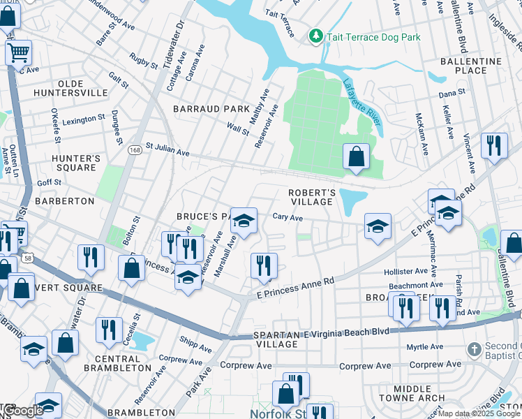 map of restaurants, bars, coffee shops, grocery stores, and more near 2314 Cary Avenue in Norfolk