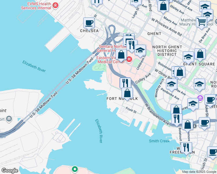 map of restaurants, bars, coffee shops, grocery stores, and more near 139 Riverview Avenue in Norfolk