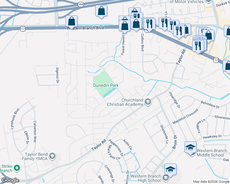 map of restaurants, bars, coffee shops, grocery stores, and more near 3108 Bangor Drive in Chesapeake