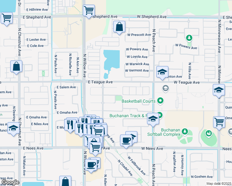 map of restaurants, bars, coffee shops, grocery stores, and more near 623 West Richmond Avenue in Clovis