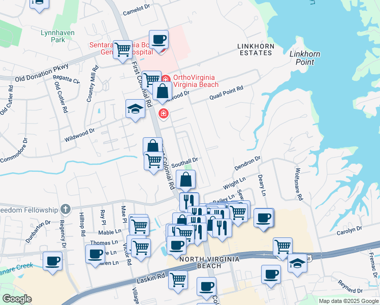 map of restaurants, bars, coffee shops, grocery stores, and more near 1012 Tottenham Lane in Virginia Beach