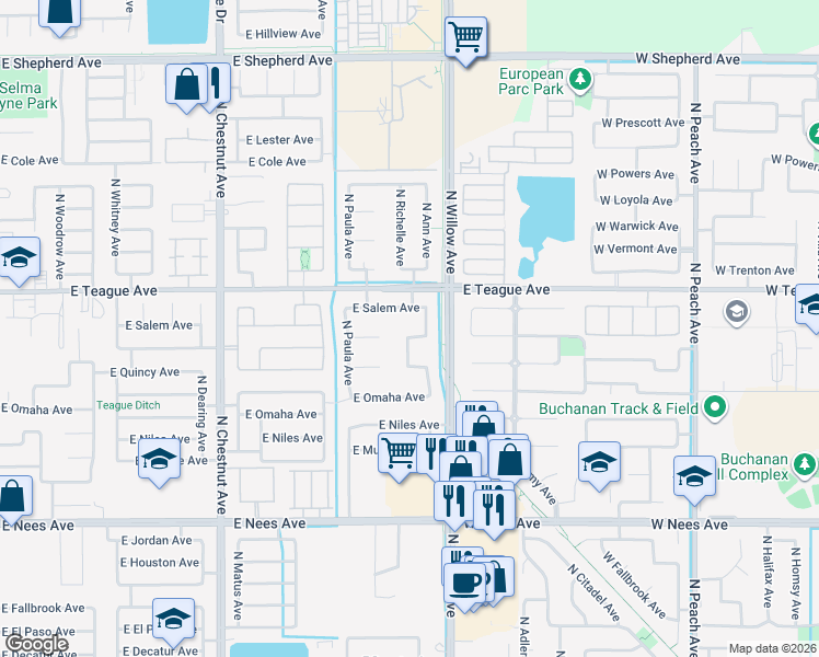 map of restaurants, bars, coffee shops, grocery stores, and more near 2932 East Richmond Avenue in Fresno