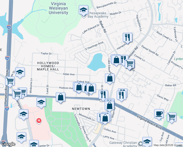 map of restaurants, bars, coffee shops, grocery stores, and more near 6612 Adair Avenue in Norfolk