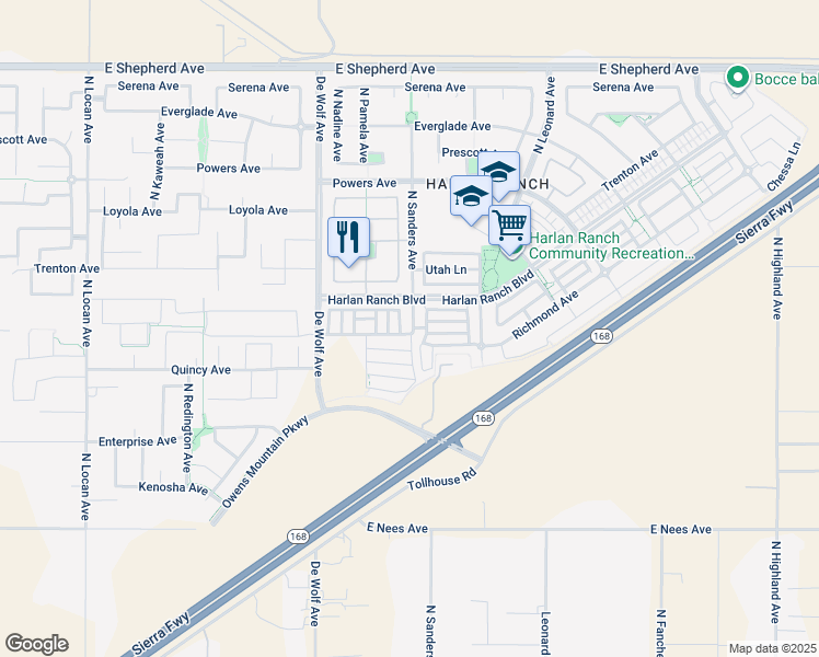 map of restaurants, bars, coffee shops, grocery stores, and more near 1512 North Sanders Avenue in Clovis
