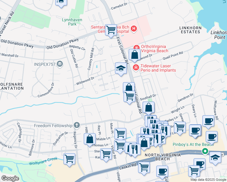map of restaurants, bars, coffee shops, grocery stores, and more near 1825 Durham West in Virginia Beach