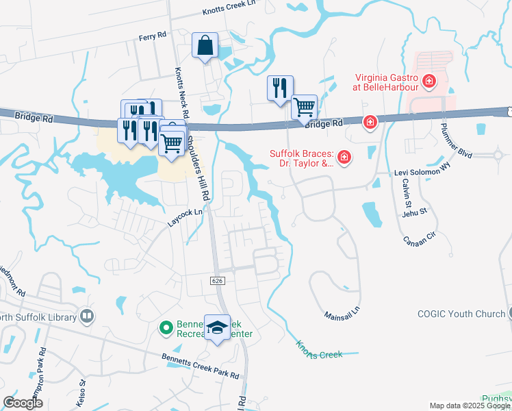 map of restaurants, bars, coffee shops, grocery stores, and more near 937 Vineyard Place in Suffolk