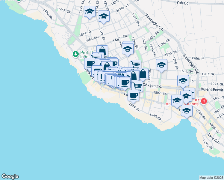 map of restaurants, bars, coffee shops, grocery stores, and more near 133 Lara Caddesi in Muratpaşa
