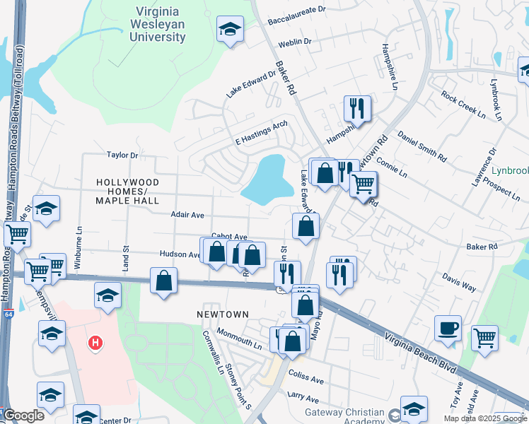 map of restaurants, bars, coffee shops, grocery stores, and more near 5874 Pickering Street in Virginia Beach