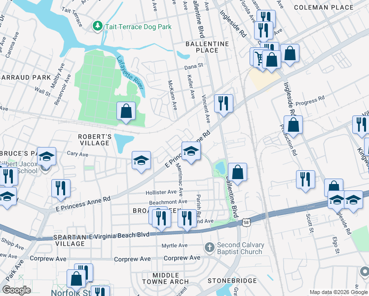map of restaurants, bars, coffee shops, grocery stores, and more near 2872 Virginia 166 in Norfolk