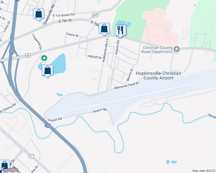 map of restaurants, bars, coffee shops, grocery stores, and more near 100 Airport Road in Hopkinsville