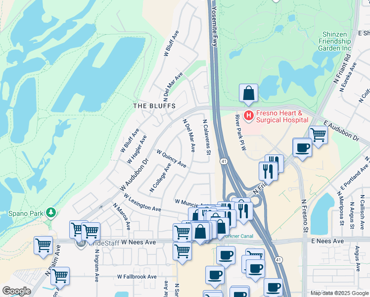 map of restaurants, bars, coffee shops, grocery stores, and more near 8420 North Poplar Avenue in Fresno