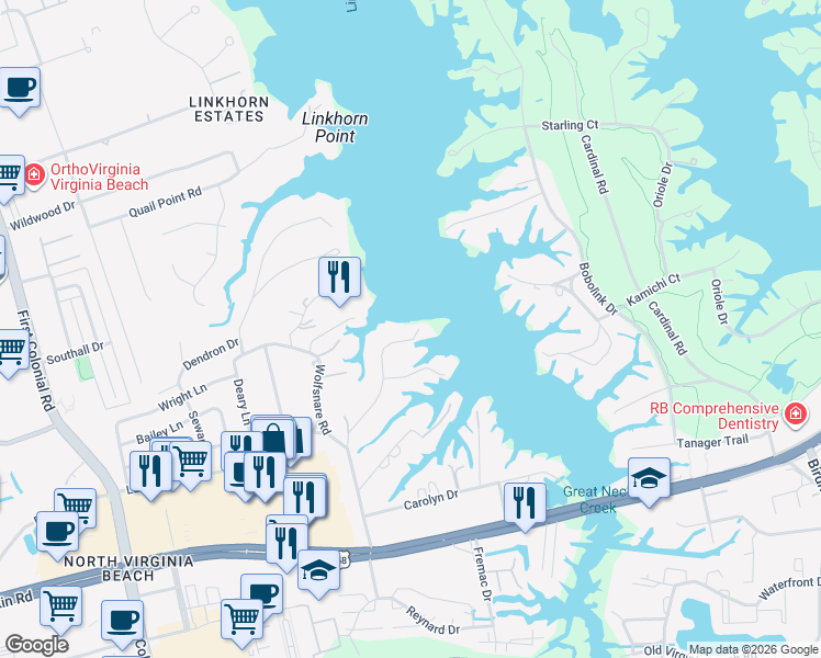 map of restaurants, bars, coffee shops, grocery stores, and more near 945 Winwood Drive in Virginia Beach