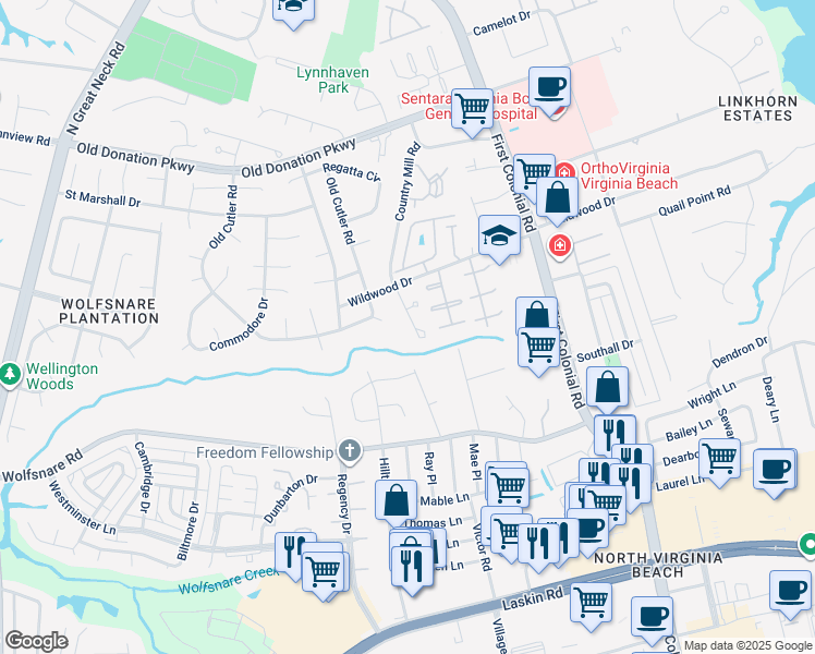 map of restaurants, bars, coffee shops, grocery stores, and more near 915 Wildwood Square Court in Virginia Beach