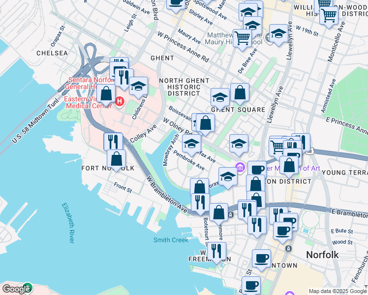 map of restaurants, bars, coffee shops, grocery stores, and more near 523 Fairfax Avenue in Norfolk