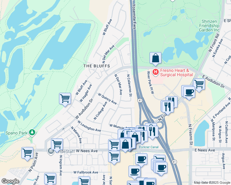 map of restaurants, bars, coffee shops, grocery stores, and more near 8420 North Poplar Avenue in Fresno