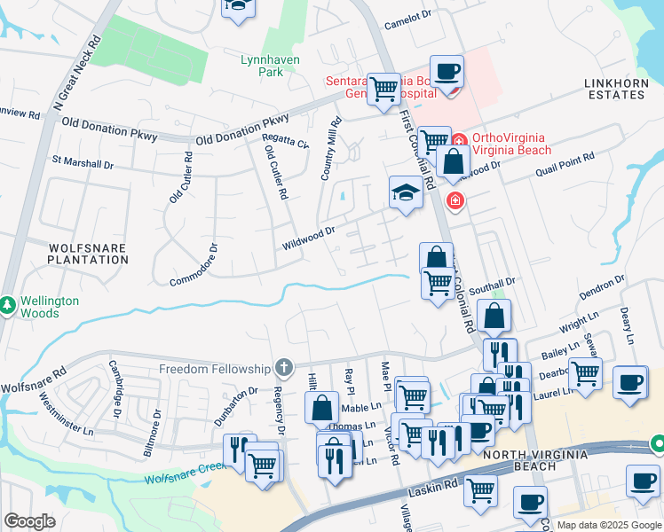 map of restaurants, bars, coffee shops, grocery stores, and more near 915 Wildwood Square Court in Virginia Beach