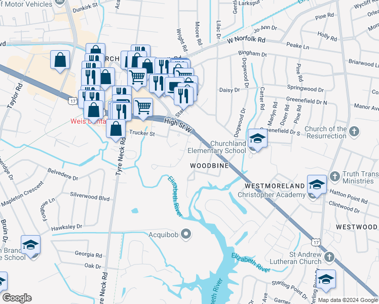 map of restaurants, bars, coffee shops, grocery stores, and more near 3119 Sterling Way in Portsmouth