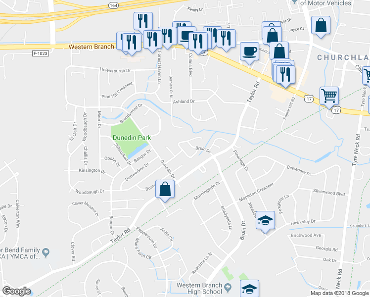 map of restaurants, bars, coffee shops, grocery stores, and more near 3548 Radford Circle in Chesapeake