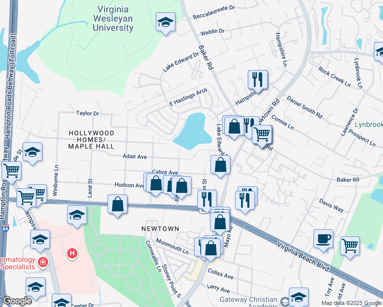 map of restaurants, bars, coffee shops, grocery stores, and more near 6612 Adair Avenue in Norfolk