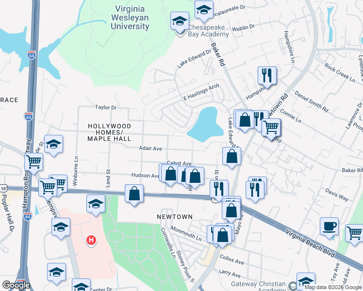 map of restaurants, bars, coffee shops, grocery stores, and more near 6528 Adair Avenue in Norfolk