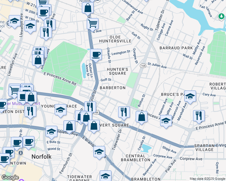 map of restaurants, bars, coffee shops, grocery stores, and more near 898 East Princess Anne Road in Norfolk