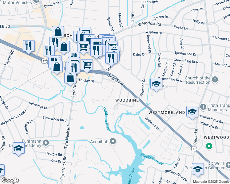 map of restaurants, bars, coffee shops, grocery stores, and more near 3119 Sterling Way in Portsmouth