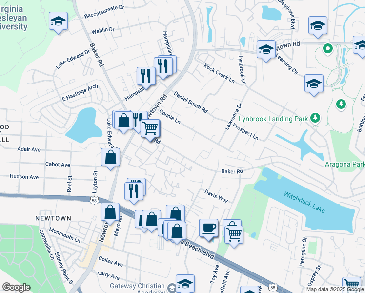 map of restaurants, bars, coffee shops, grocery stores, and more near 502 Wharf Court in Virginia Beach