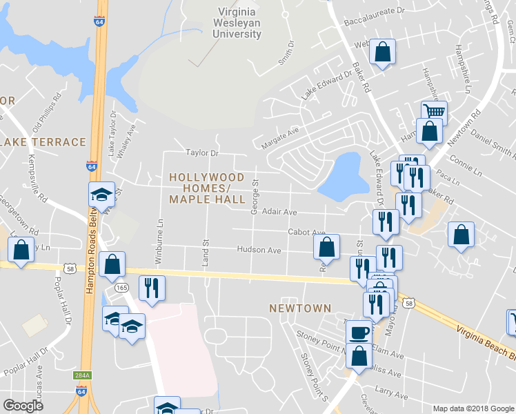 map of restaurants, bars, coffee shops, grocery stores, and more near 1158 George Street in Norfolk