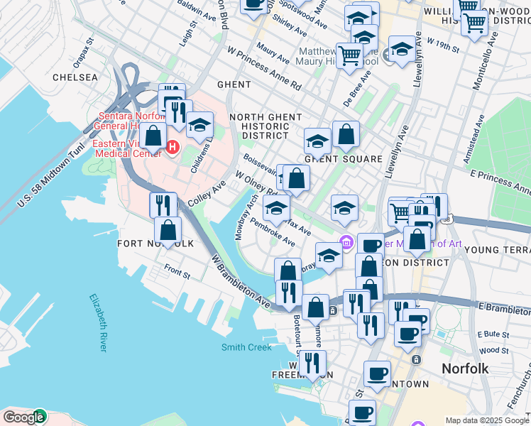 map of restaurants, bars, coffee shops, grocery stores, and more near 523 Fairfax Avenue in Norfolk