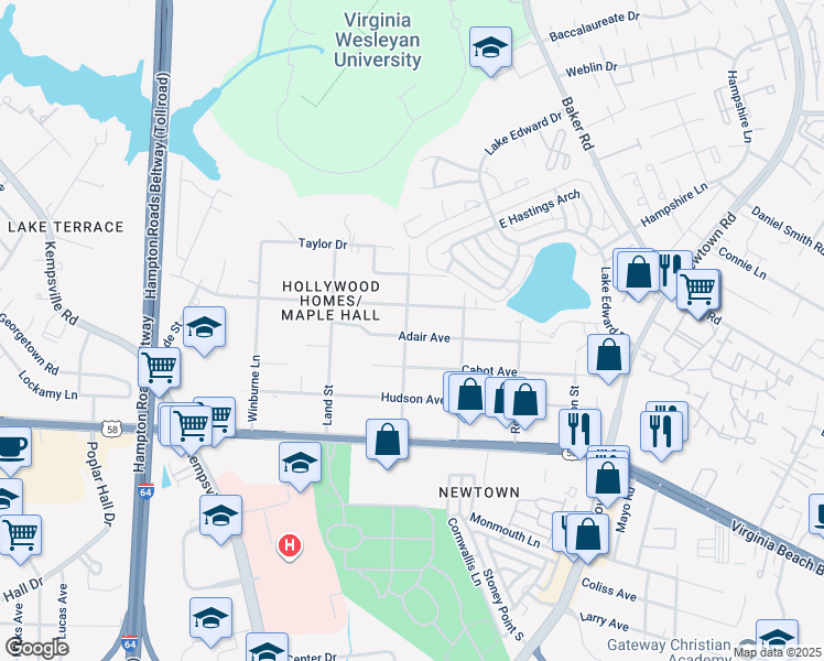 map of restaurants, bars, coffee shops, grocery stores, and more near 1158 George Street in Norfolk
