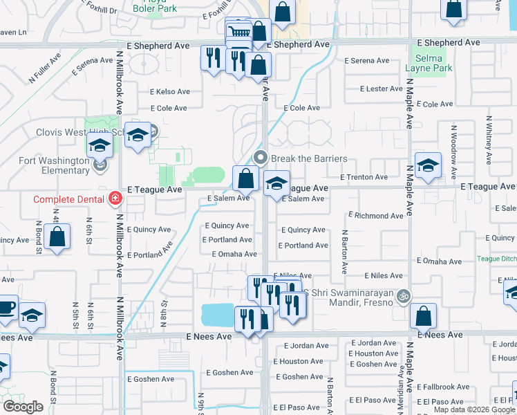 map of restaurants, bars, coffee shops, grocery stores, and more near 8416 North Sharon Avenue in Fresno