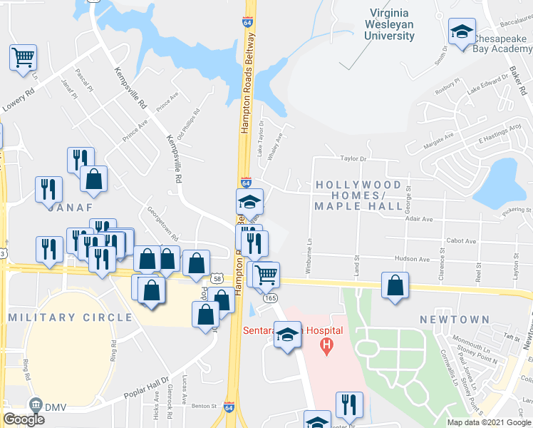 map of restaurants, bars, coffee shops, grocery stores, and more near 1144 Wade Street in Norfolk