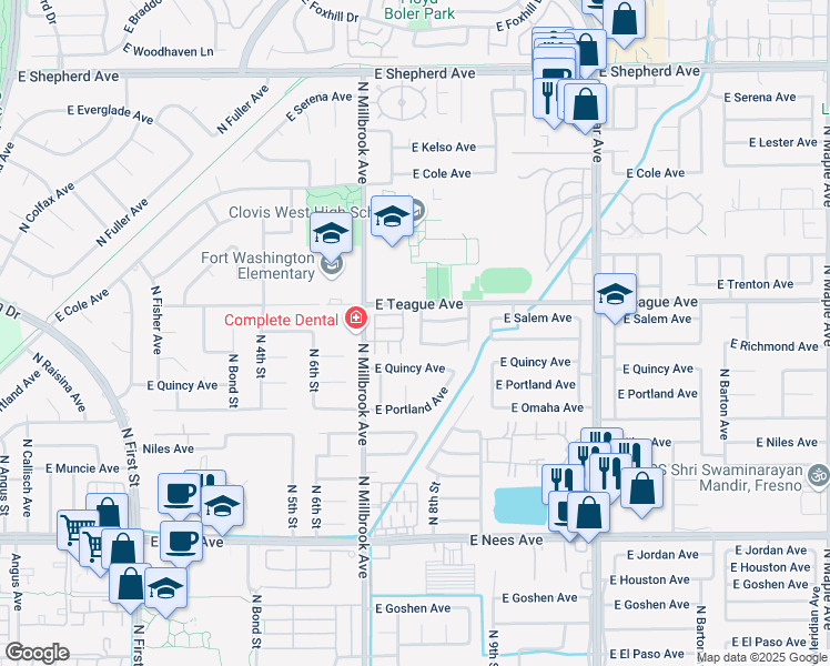 map of restaurants, bars, coffee shops, grocery stores, and more near 8440 North Millbrook Avenue in Fresno