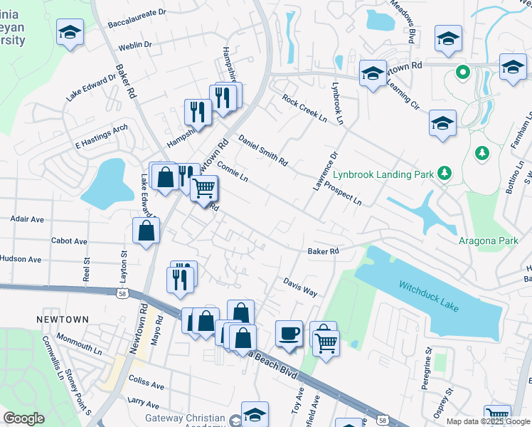 map of restaurants, bars, coffee shops, grocery stores, and more near 516 Baker Road in Virginia Beach