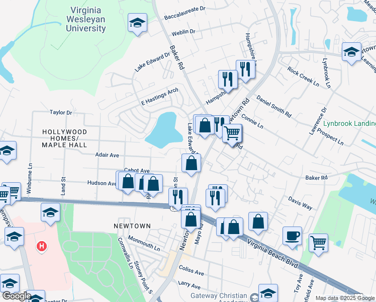 map of restaurants, bars, coffee shops, grocery stores, and more near 617 Lake Edward Drive in Virginia Beach