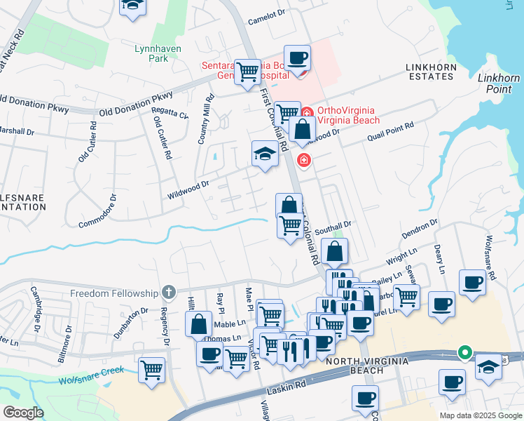 map of restaurants, bars, coffee shops, grocery stores, and more near 1825 Durham West in Virginia Beach