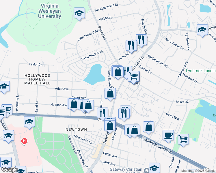 map of restaurants, bars, coffee shops, grocery stores, and more near 617 Lake Edward Drive in Virginia Beach