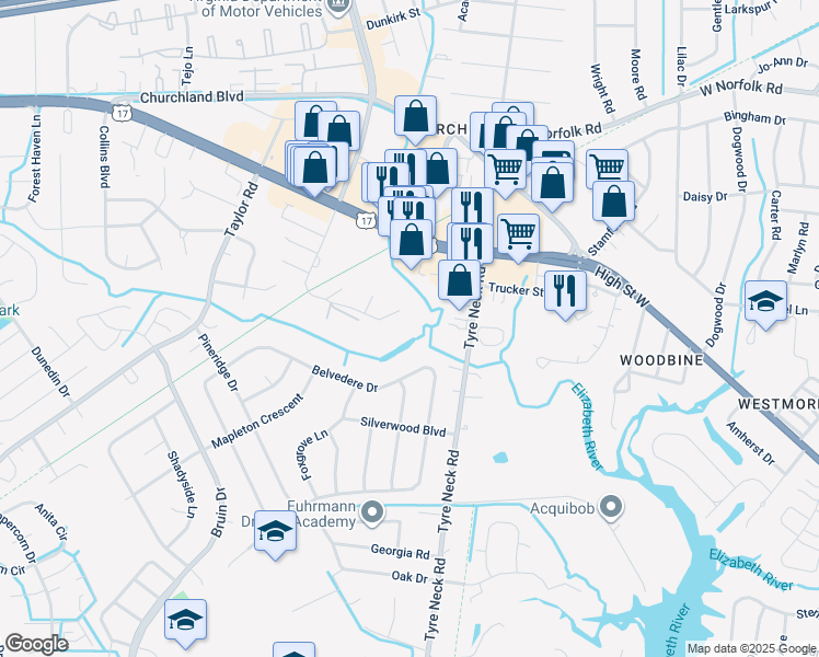 map of restaurants, bars, coffee shops, grocery stores, and more near 3106 Poplar Hill Road in Chesapeake