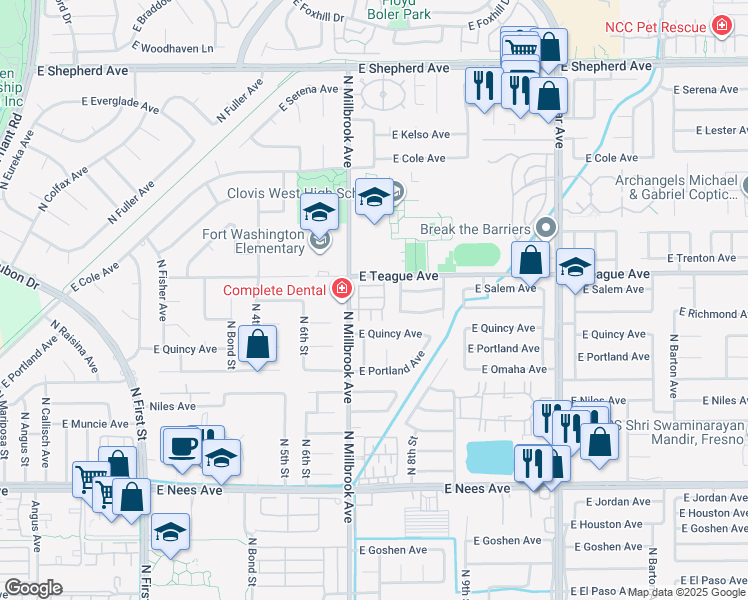 map of restaurants, bars, coffee shops, grocery stores, and more near 8440 North Millbrook Avenue in Fresno
