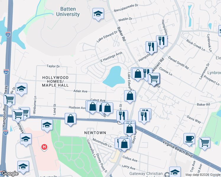 map of restaurants, bars, coffee shops, grocery stores, and more near 6612 Adair Avenue in Norfolk