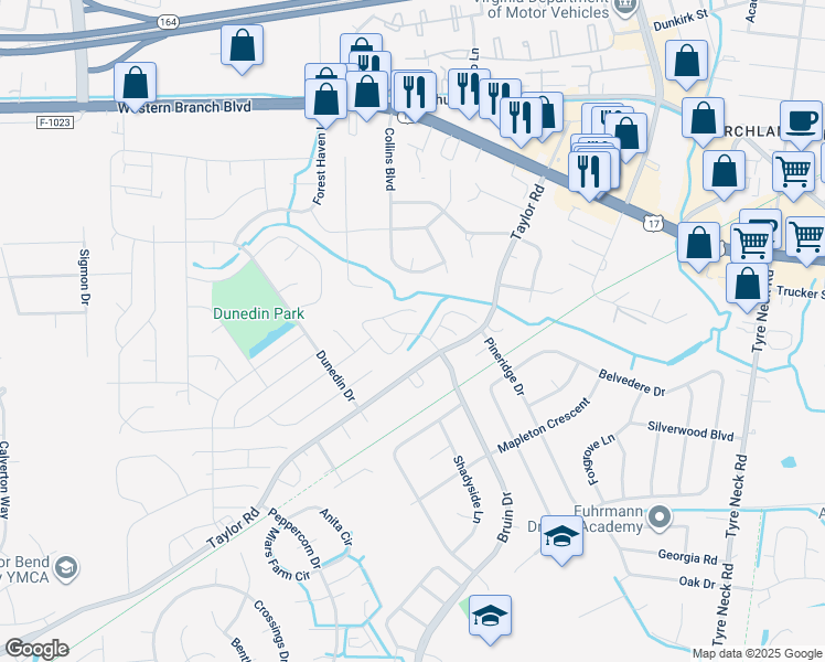 map of restaurants, bars, coffee shops, grocery stores, and more near 3429 Bruin Drive in Chesapeake
