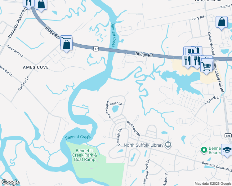 map of restaurants, bars, coffee shops, grocery stores, and more near 3439 Raintree Circle in Suffolk