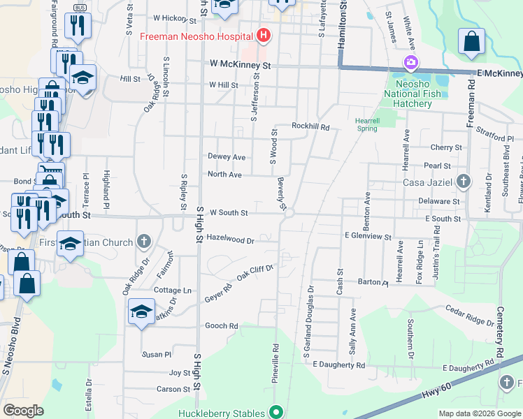 map of restaurants, bars, coffee shops, grocery stores, and more near 113 East South Street in Neosho