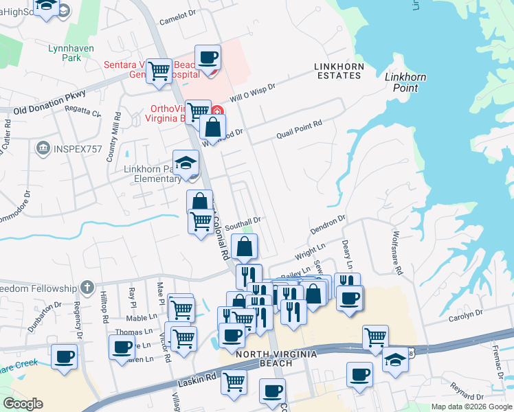 map of restaurants, bars, coffee shops, grocery stores, and more near 1000 Royal Park Court in Virginia Beach